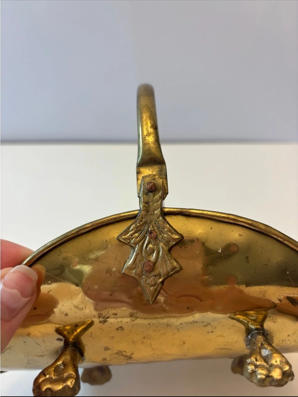Vintage footed hammered brass mini basket/ mini log holder